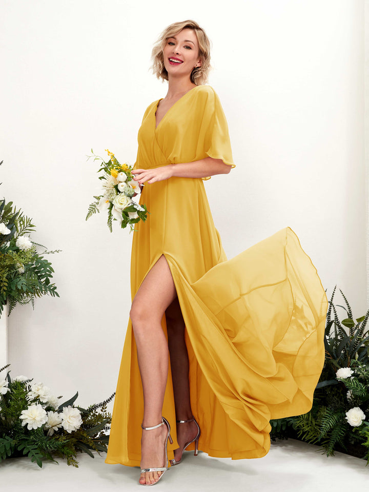 Mustard Yellow Bridesmaid Dresses Bridesmaid Dress A-line Chiffon V-neck Full Length Short Sleeves Wedding Party Dress (81225133)