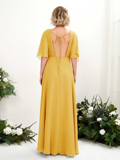 Carlyna Dhea A-Line Mustard Yellow Bridesmaid Dress Maxi Short Sleeve V-Neck Dress Back View #color_mustard-yellow