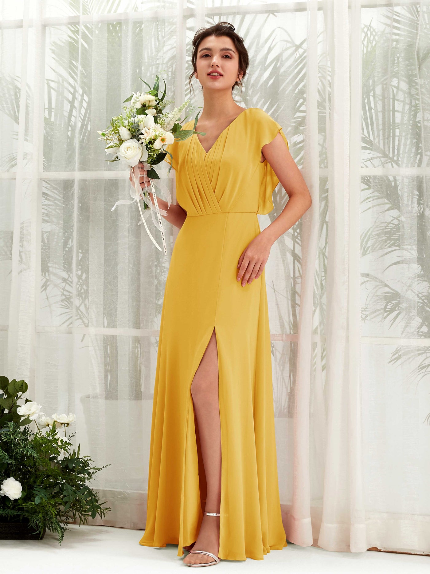 Mustard Yellow Bridesmaid Dresses Bridesmaid Dress A-line Chiffon V-neck Full Length Short Sleeves Wedding Party Dress (81225633)#color_mustard-yellow