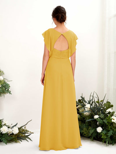 Carlyna Annie A-Line Mustard Yellow Bridesmaid Dress Maxi Cap Sleeve V-Neck Dress Back View #color_mustard-yellow