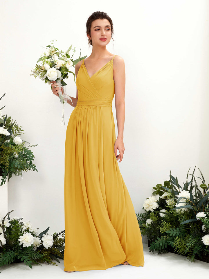 Mustard Yellow Bridesmaid Dresses Bridesmaid Dress A-line Chiffon Spaghetti-straps Full Length Sleeveless Wedding Party Dress (81223933)
