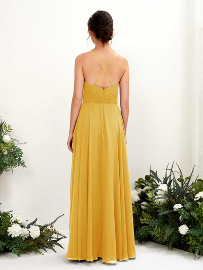 Carlyna Naura A-Line Mustard Yellow Bridesmaid Dress Maxi Sleeveless V-Neck Dress Back View #color_mustard-yellow