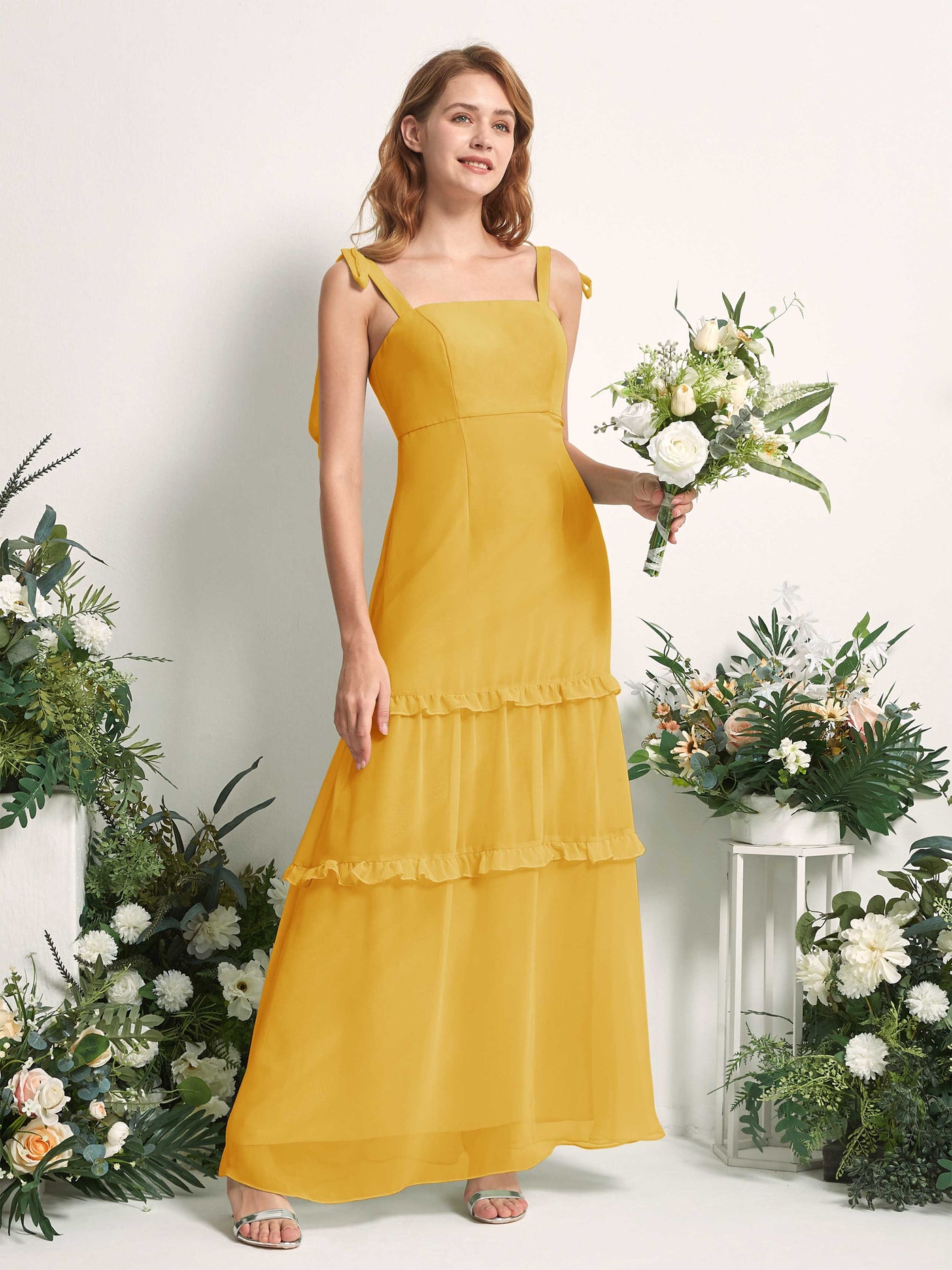 Bridesmaid Dress Chiffon Straps Full Length Sleeveless Wedding Party Dress - Mustard Yellow (81227533)#color_mustard-yellow
