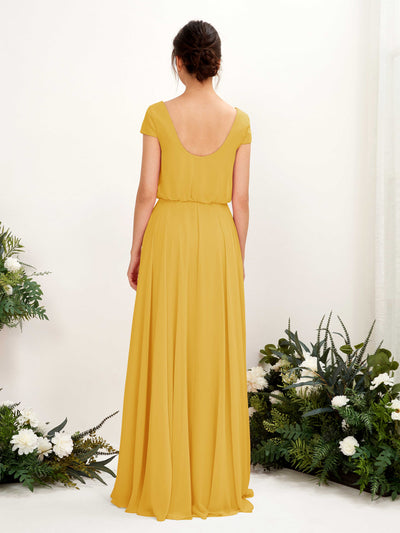 Carlyna Pauline A-Line Mustard Yellow Bridesmaid Dress Maxi Cap Sleeve V-Neck Dress Back View #color_mustard-yellow