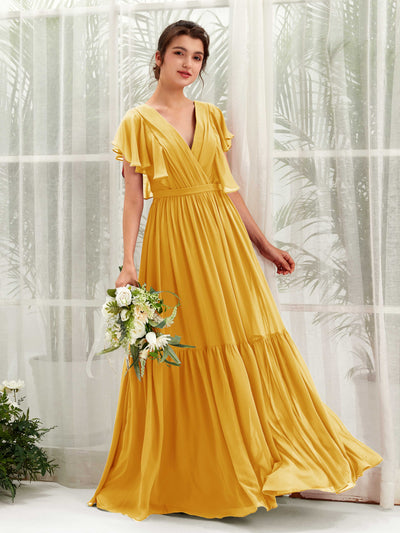 Mustard Yellow Bridesmaid Dresses Bridesmaid Dress A-line Chiffon V-neck Full Length Short Sleeves Wedding Party Dress (81225933)#color_mustard-yellow