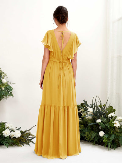 Carlyna Chaya A-Line Mustard Yellow Bridesmaid Dress Maxi Cap Sleeve V-Neck Dress Back View #color_mustard-yellow