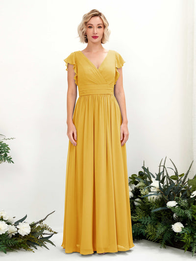 Mustard Yellow Bridesmaid Dresses Bridesmaid Dress A-line Chiffon V-neck Full Length Short Sleeves Wedding Party Dress (81222733)#color_mustard-yellow