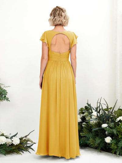 Carlyna Grino A-Line Mustard Yellow Bridesmaid Dress Maxi Cap Sleeve V-Neck Dress Back View #color_mustard-yellow