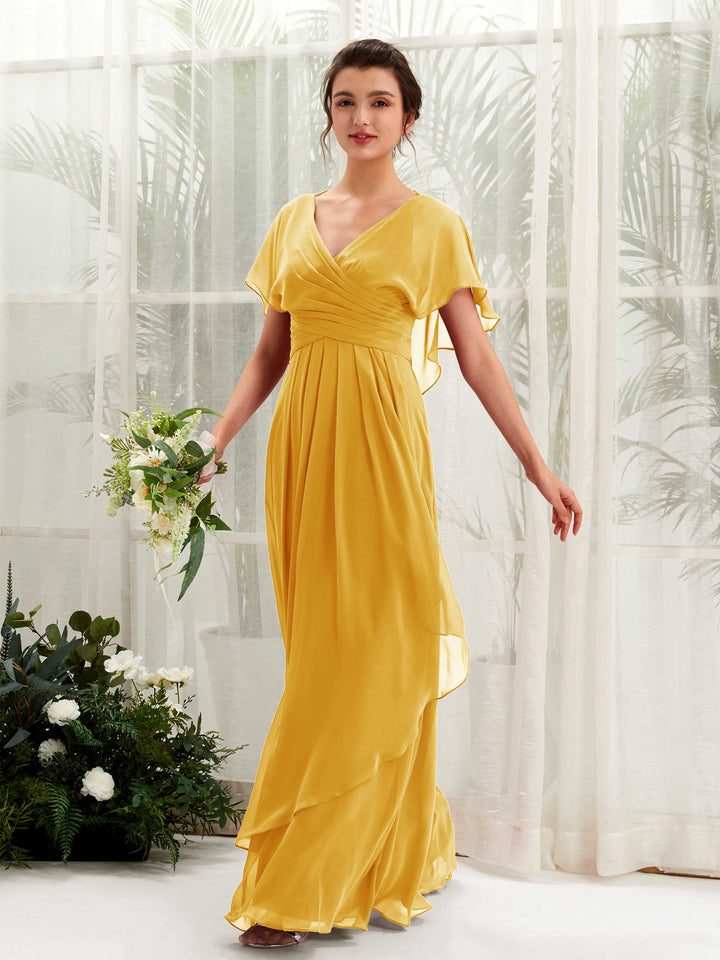 Open back V-neck Short Sleeves Chiffon Bridesmaid Dress - Mustard Yellow (81226133)