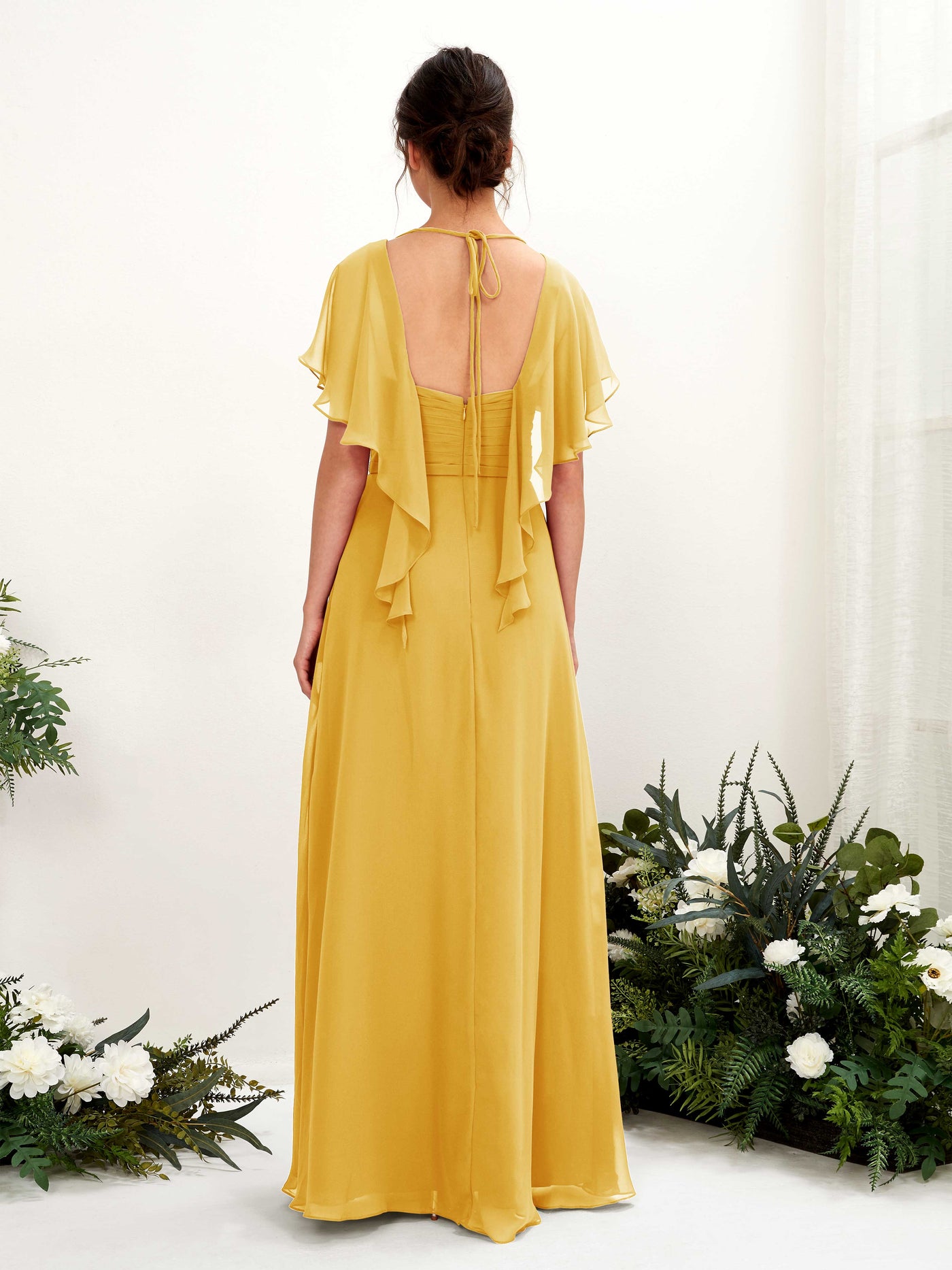 Open back V-neck Short Sleeves Chiffon Bridesmaid Dress - Mustard Yellow (81226133)#color_mustard-yellow