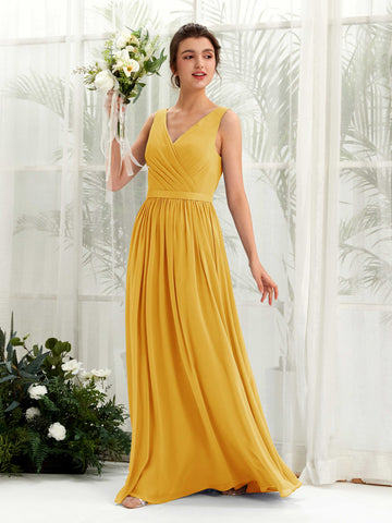 Mustard Yellow Bridesmaid Dresses Bridesmaid Dress A-line Chiffon V-neck Full Length Sleeveless Wedding Party Dress (81223633)#color_mustard-yellow