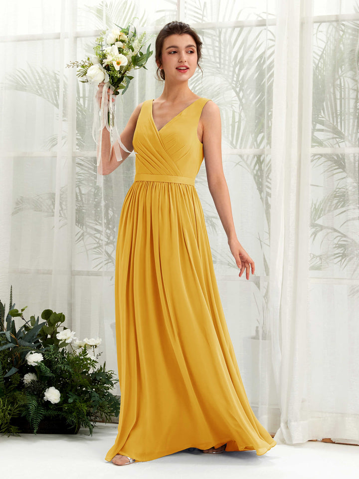 Mustard Yellow Bridesmaid Dresses Bridesmaid Dress A-line Chiffon V-neck Full Length Sleeveless Wedding Party Dress (81223633)