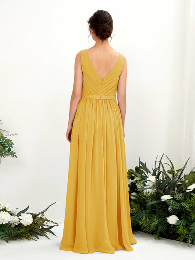 Carlyna Barbara A-Line Mustard Yellow Bridesmaid Dress Maxi Sleeveless V-Neck Dress Back View #color_mustard-yellow