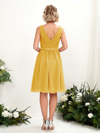 Carlyna Natasha A-Line Mustard Yellow Bridesmaid Dress Knee-Length Sleeveless V-Neck Dress Back View #color_mustard-yellow