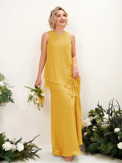 Carlyna Finna Sheath Mustard Yellow Bridesmaid Dress Maxi Sleeveless Round Neck Dress Front View #color_mustard-yellow