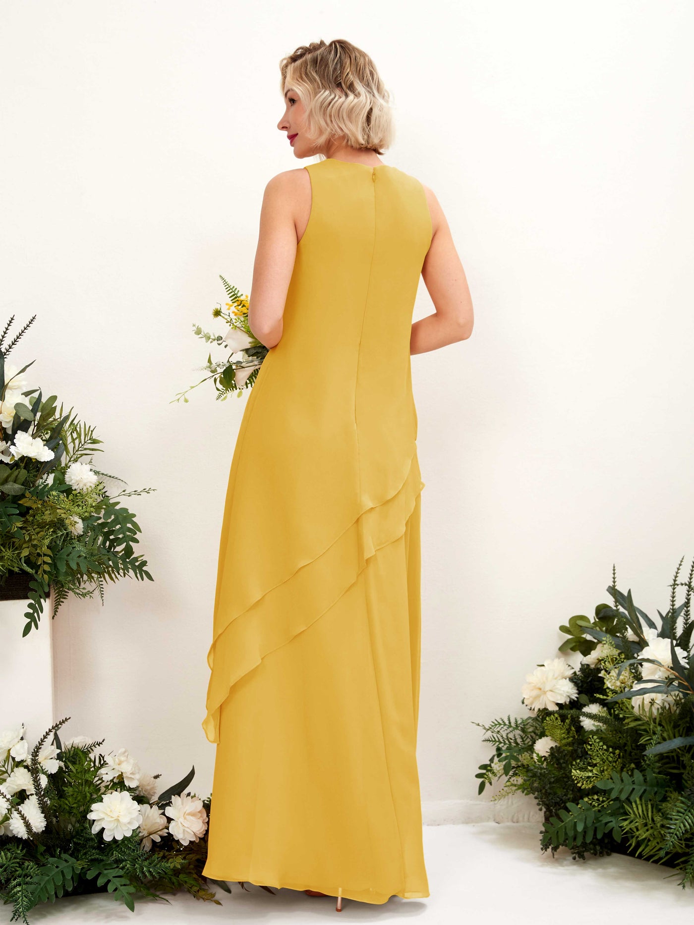 Mustard Yellow Bridesmaid Dresses Bridesmaid Dress Maternity Chiffon Round Full Length Sleeveless Wedding Party Dress (81222333)#color_mustard-yellow