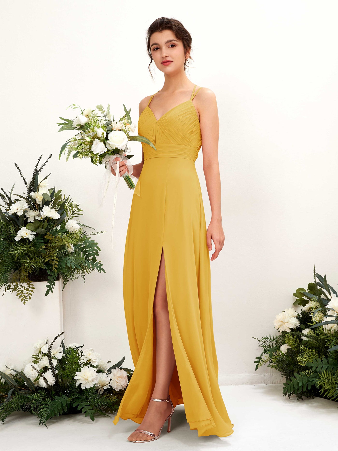 Mustard Yellow Bridesmaid Dresses Bridesmaid Dress A-line Chiffon Spaghetti-straps Full Length Sleeveless Wedding Party Dress (81225433)#color_mustard-yellow