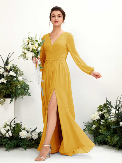 Mustard Yellow Bridesmaid Dresses Bridesmaid Dress A-line Chiffon V-neck Full Length Long Sleeves Wedding Party Dress (81223833)#color_mustard-yellow