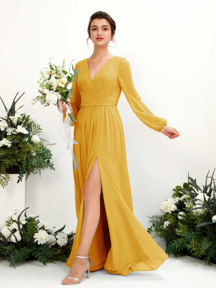 Mustard Yellow Bridesmaid Dresses Bridesmaid Dress A-line Chiffon V-neck Full Length Long Sleeves Wedding Party Dress (81223833)