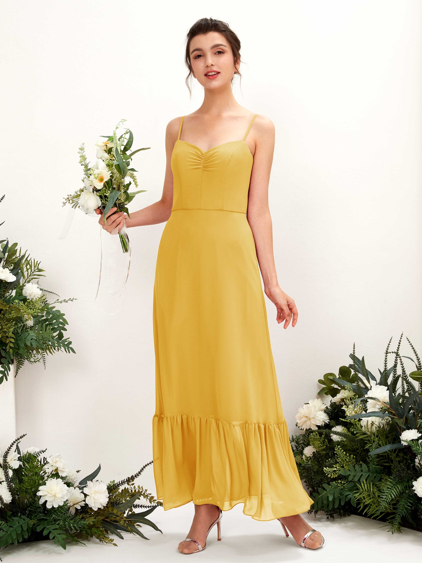 Mustard Yellow Bridesmaid Dresses Bridesmaid Dress Chiffon Spaghetti-straps Full Length Sleeveless Wedding Party Dress (81223033)#color_mustard-yellow