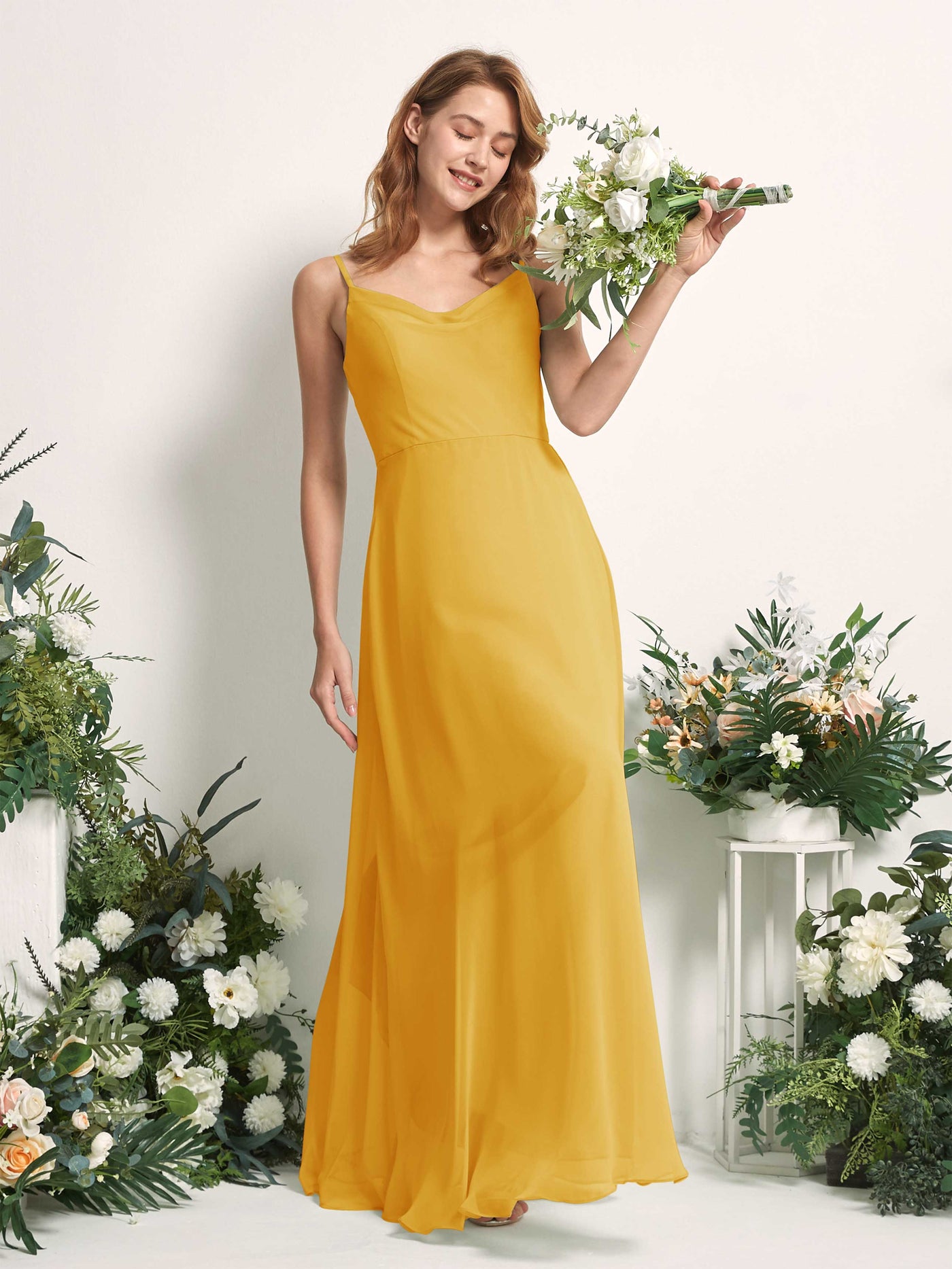 Bridesmaid Dress A-line Chiffon Spaghetti-straps Full Length Sleeveless Wedding Party Dress - Mustard Yellow (81227233)#color_mustard-yellow