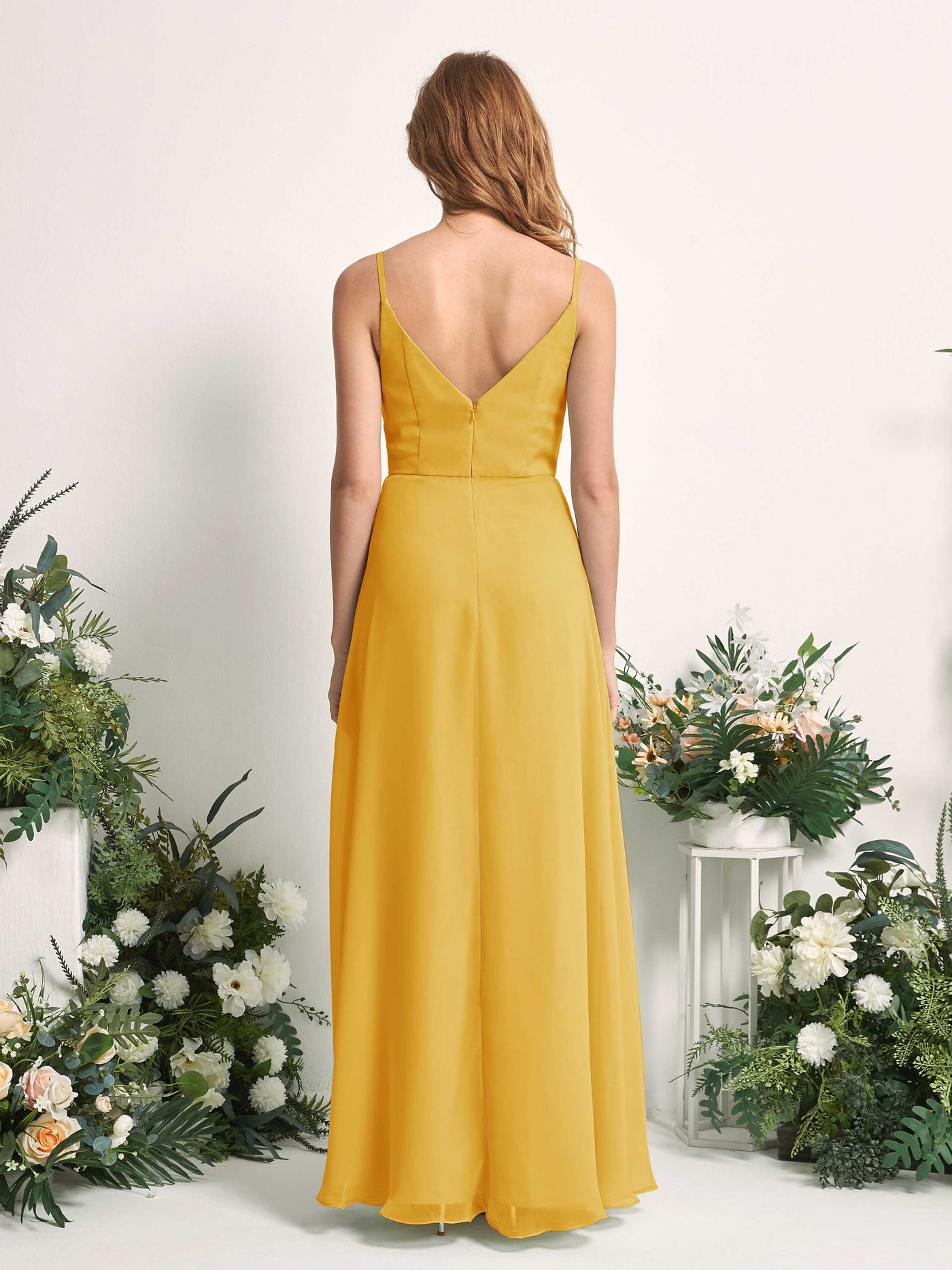 Bridesmaid Dress A-line Chiffon Spaghetti-straps Full Length Sleeveless Wedding Party Dress - Mustard Yellow (81227233)#color_mustard-yellow