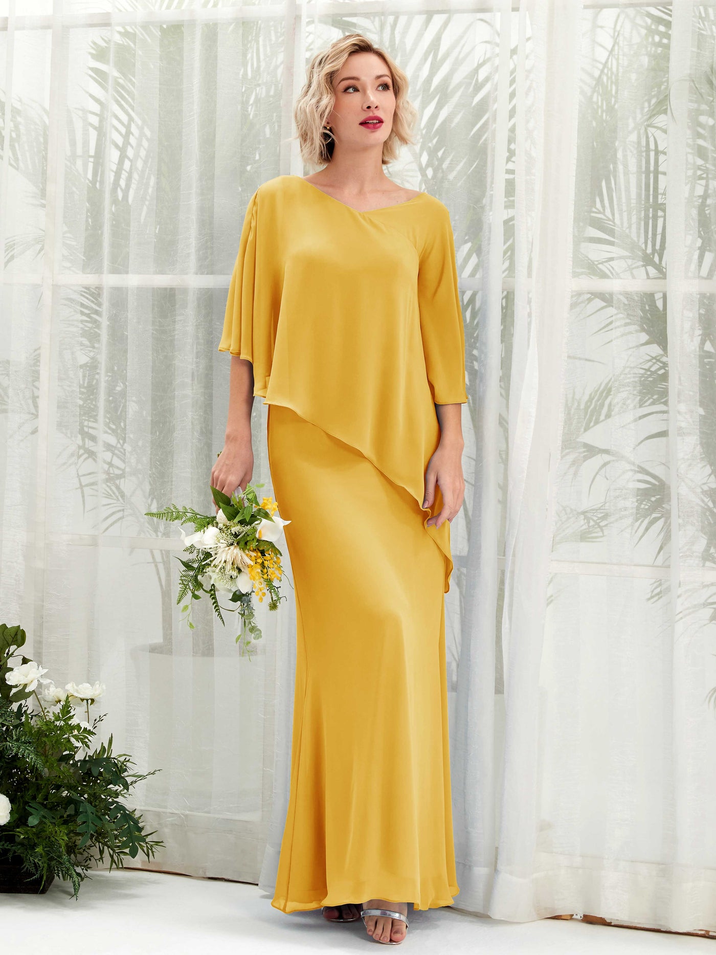 Mustard Yellow Bridesmaid Dresses Bridesmaid Dress Bohemian Chiffon V-neck Full Length 3/4 Sleeves Wedding Party Dress (81222533)#color_mustard-yellow