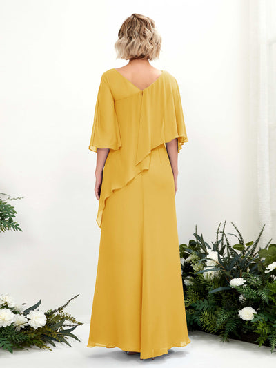 Carlyna Violaine A-Line Mustard Yellow Bridesmaid Dress Maxi Three Quarter Sleeve V-Neck Dress Back View #color_mustard-yellow