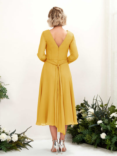 Carlyna Joanna A-Line Mustard Yellow Bridesmaid Dress Midi Long Sleeve V-Neck Back View #color_mustard-yellow