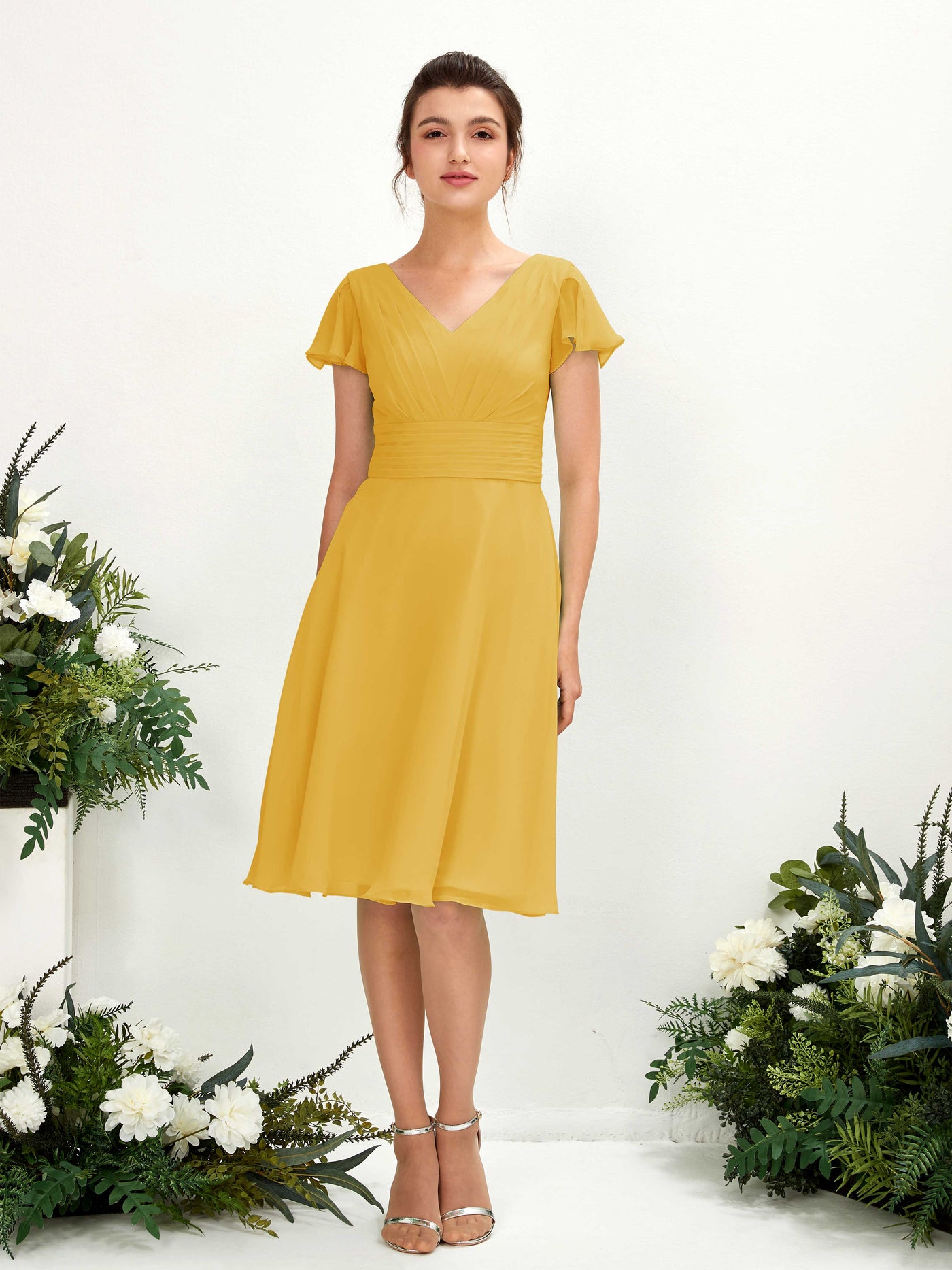 Mustard Yellow Bridesmaid Dresses Bridesmaid Dress Chiffon V-neck Knee Length Short Sleeves Wedding Party Dress (81220233)#color_mustard-yellow
