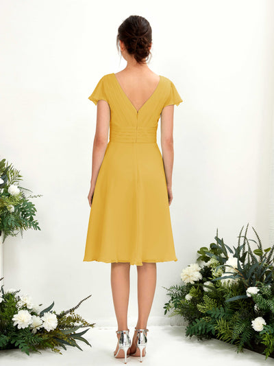 Carlyna Betty A-Line Mustard Yellow Bridesmaid Dress Knee-Length Short Sleeve V-Neck Dress Back View #color_mustard-yellow