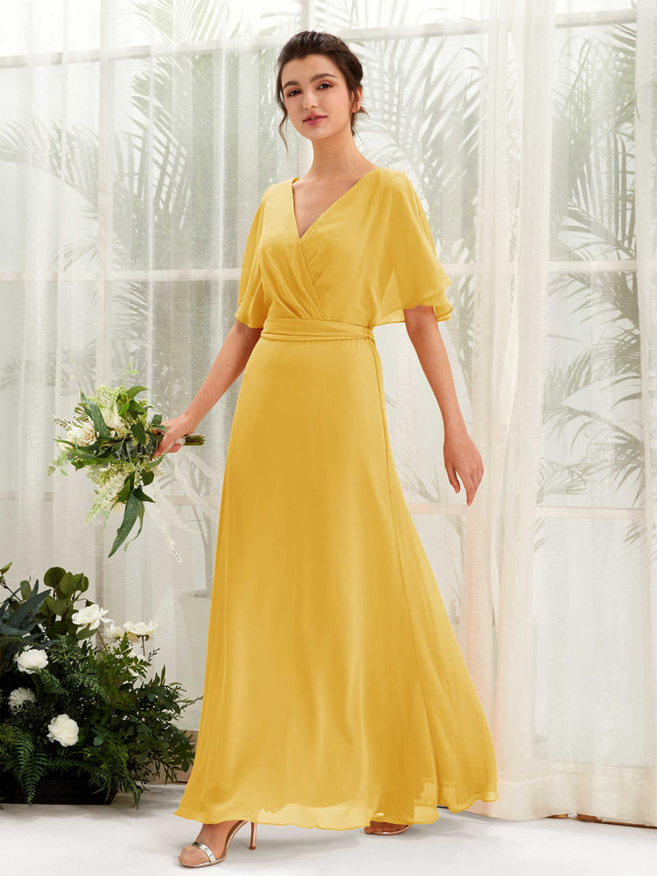 Mustard Yellow Bridesmaid Dresses Bridesmaid Dress A-line Chiffon V-neck Full Length Short Sleeves Wedding Party Dress (81222433)