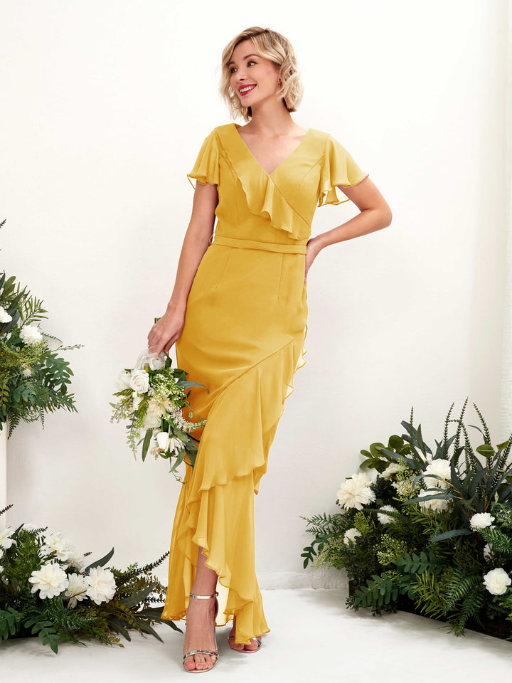 V-neck Short Sleeves Chiffon Bridesmaid Dress - Mustard Yellow (81226233)