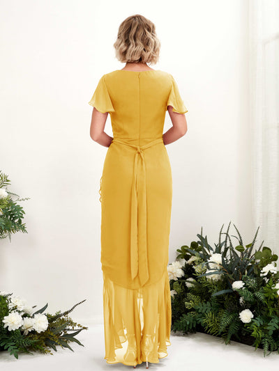 Carlyna Eartha Mermaid Mustard Yellow Bridesmaid Dress Maxi Cap Sleeve V-Neck Dress Back View #color_mustard-yellow