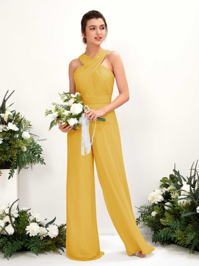 Mustard Yellow Bridesmaid Dresses Bridesmaid Dress Chiffon V-neck Full Length Sleeveless Wedding Party Dress (81220733)#color_mustard-yellow
