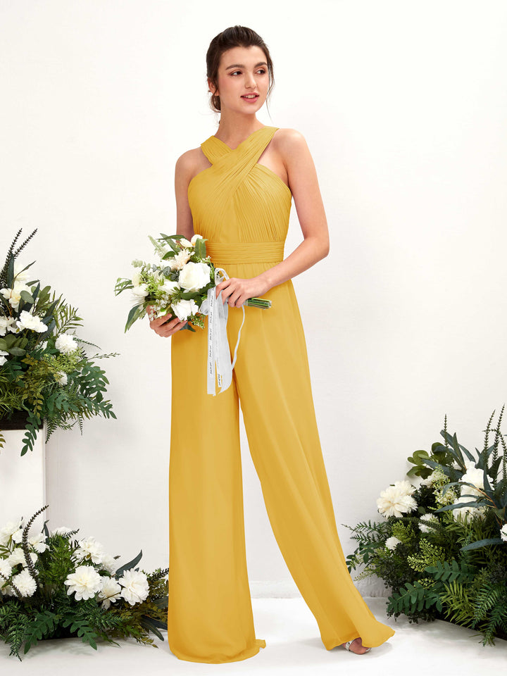 Mustard Yellow Bridesmaid Dresses Bridesmaid Dress Chiffon V-neck Full Length Sleeveless Wedding Party Dress (81220733)