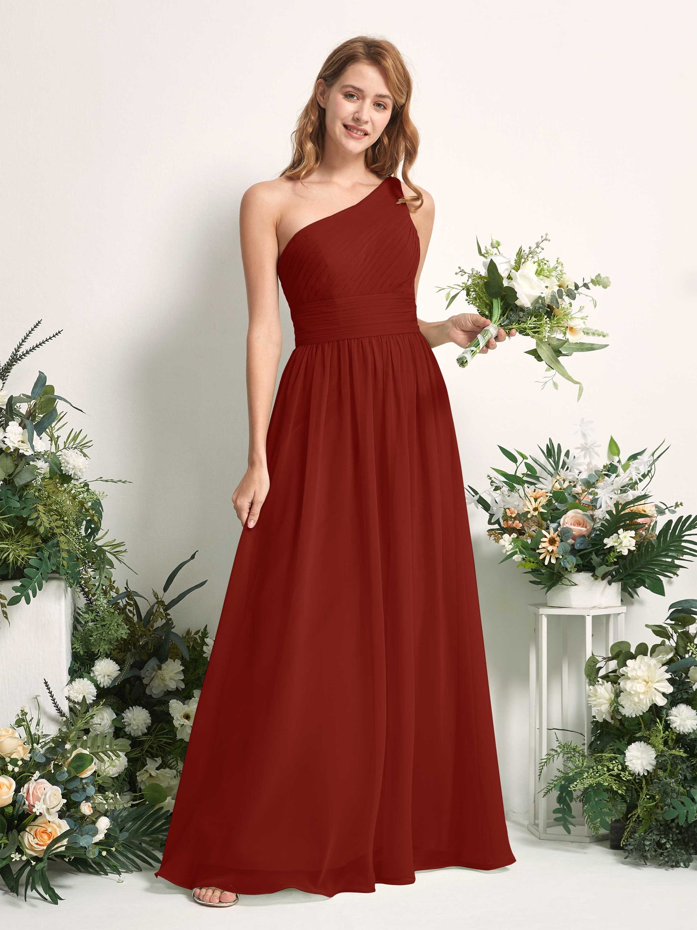 Bridesmaid Dress A-line Chiffon One Shoulder Full Length Sleeveless Wedding Party Dress - Rust (81226719)#color_rust