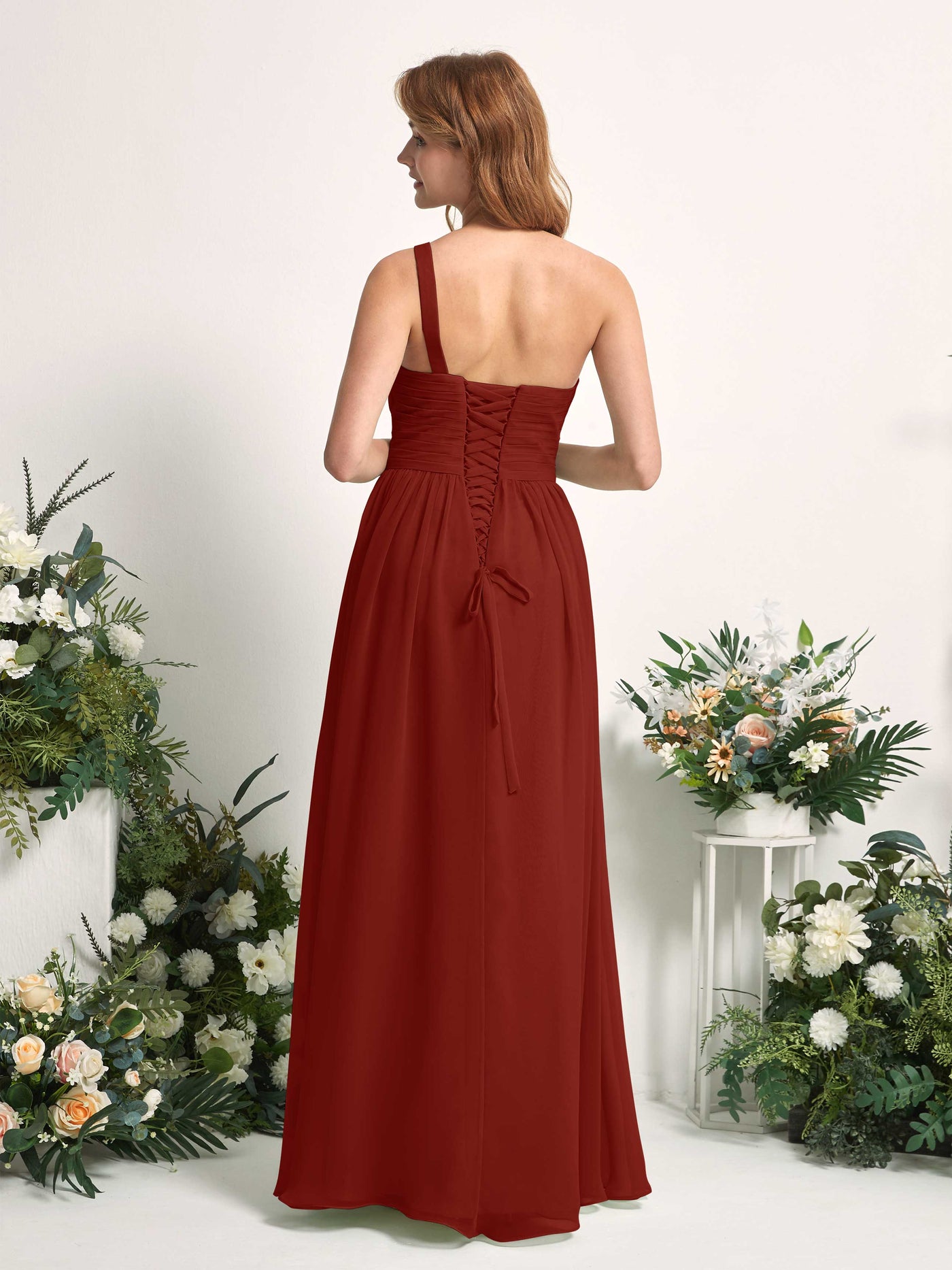 Bridesmaid Dress A-line Chiffon One Shoulder Full Length Sleeveless Wedding Party Dress - Rust (81226719)#color_rust