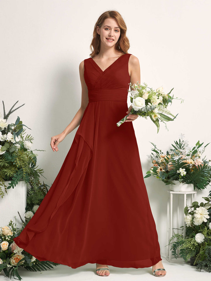 Bridesmaid Dress A-line Chiffon V-neck Full Length Sleeveless Wedding Party Dress - Rust (81227119)