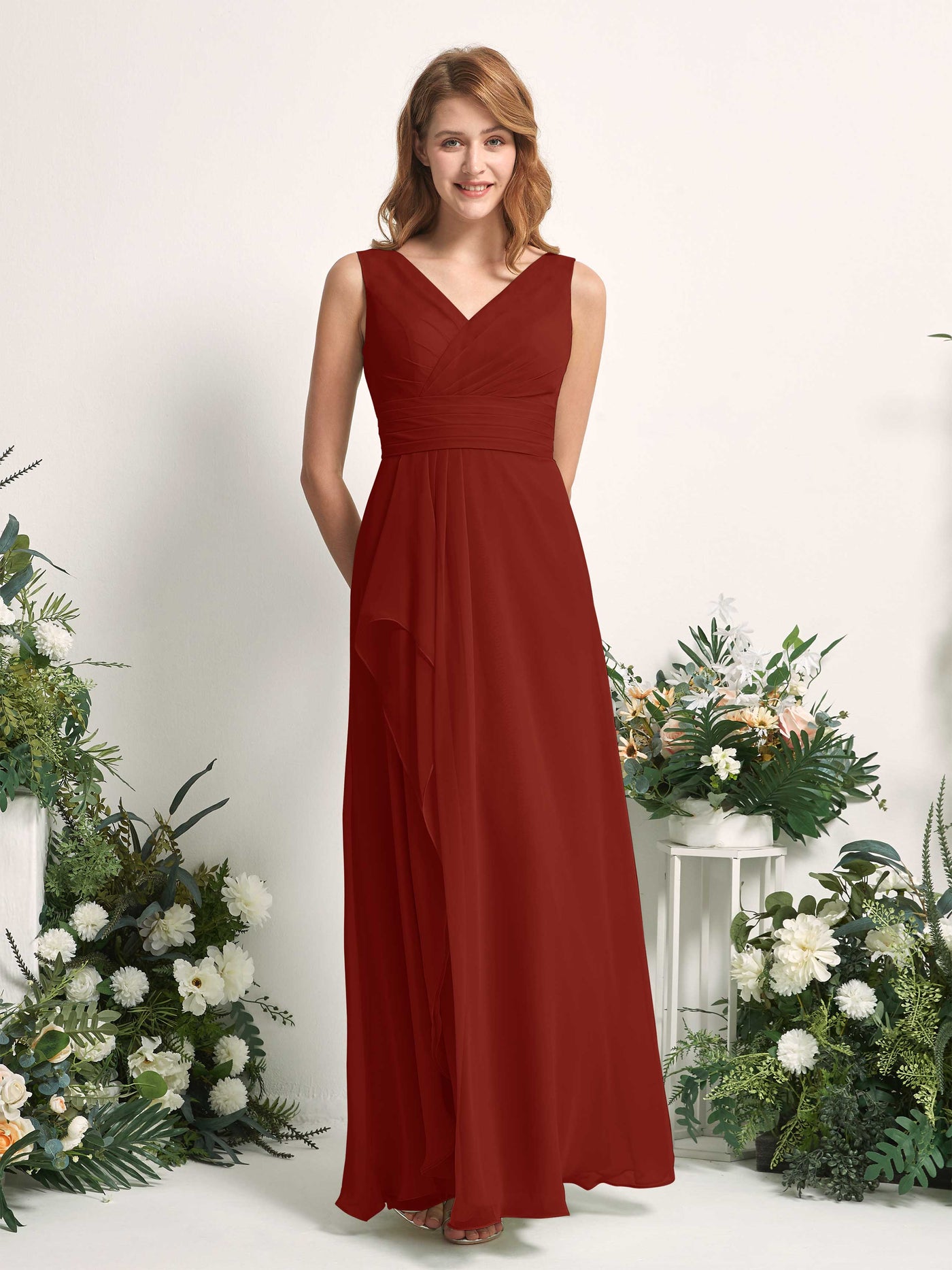 Bridesmaid Dress A-line Chiffon V-neck Full Length Sleeveless Wedding Party Dress - Rust (81227119)#color_rust