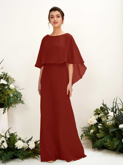 Carlyna Savin Sheath Rust Bridesmaid Dress Maxi Cap Sleeve Boat Neck Dress Front View #color_rust