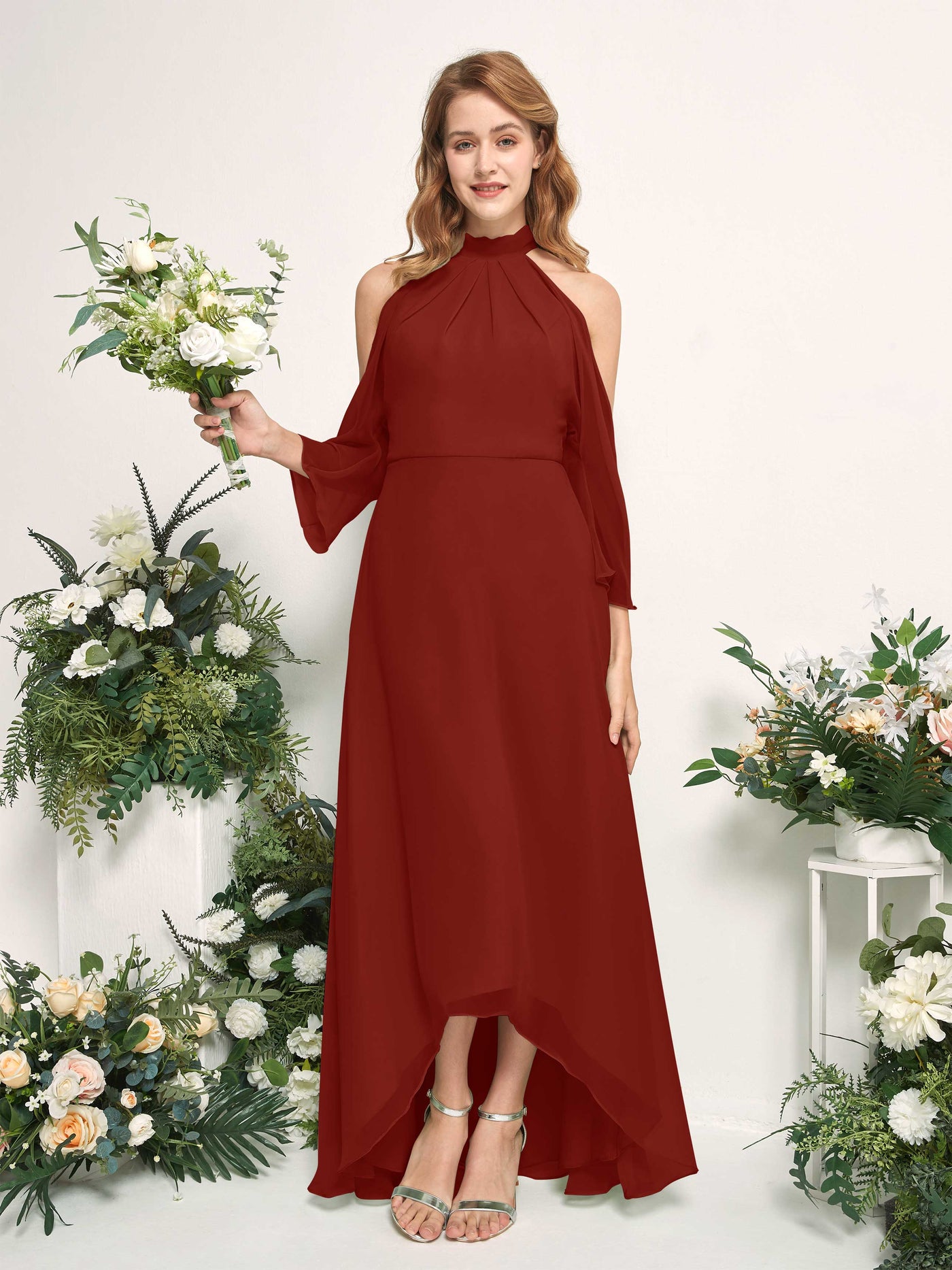 Bridesmaid Dress A-line Chiffon Halter High Low 3/4 Sleeves Wedding Party Dress - Rust (81227619)#color_rust