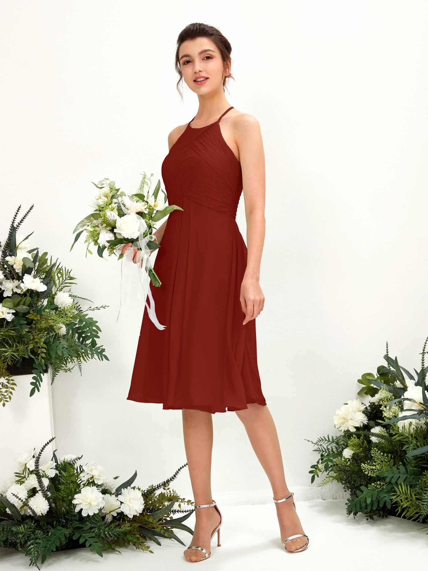 Rust Bridesmaid Dresses Bridesmaid Dress A-line Chiffon Halter Knee Length Sleeveless Wedding Party Dress (81220419)#color_rust