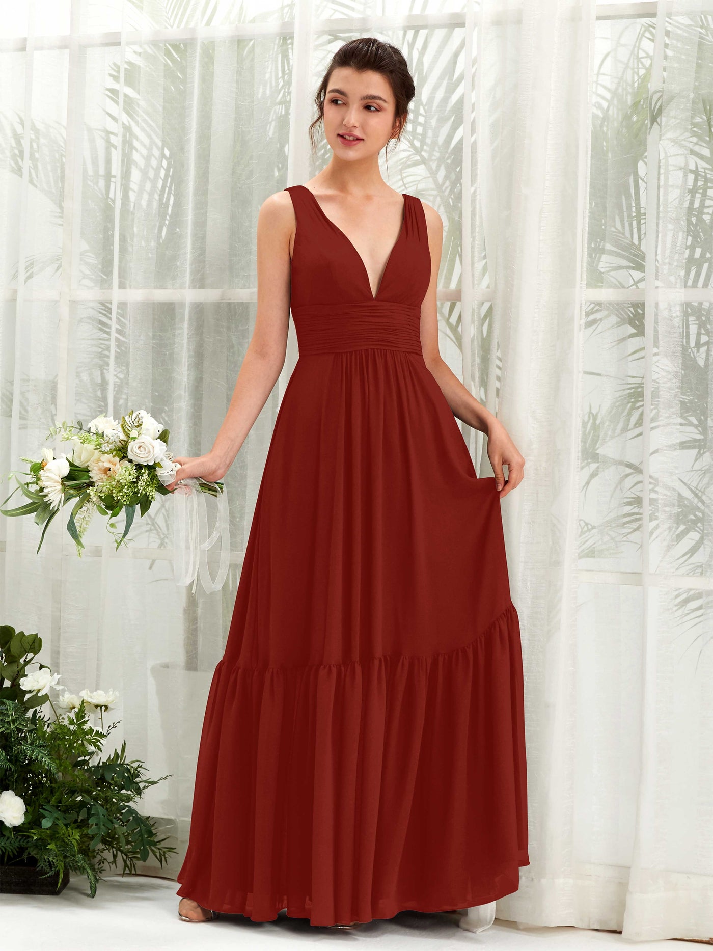 Rust Bridesmaid Dresses Bridesmaid Dress A-line Chiffon Straps Full Length Sleeveless Wedding Party Dress (80223719)#color_rust