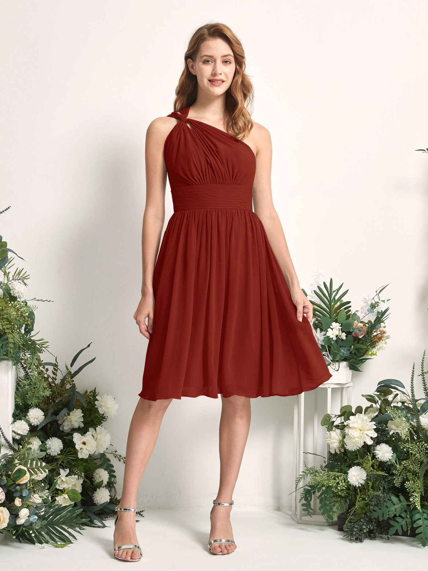Bridesmaid Dress A-line Chiffon One Shoulder Knee Length Sleeveless Wedding Party Dress - Rust (81221219)#color_rust
