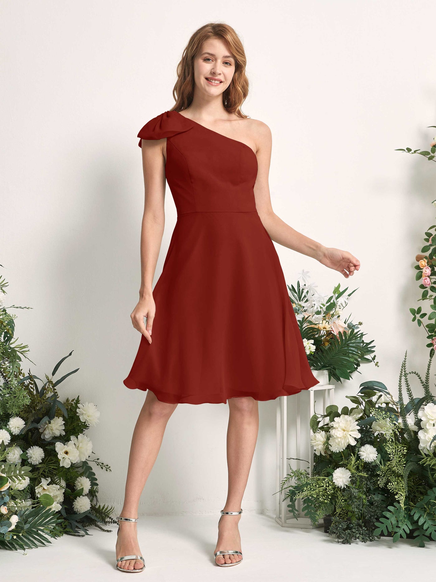 Bridesmaid Dress A-line Chiffon One Shoulder Knee Length Sleeveless Wedding Party Dress - Rust (81227019)#color_rust