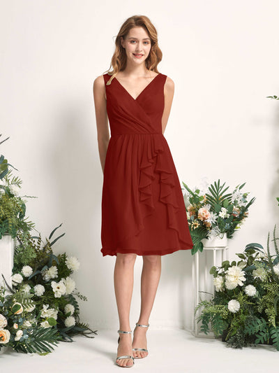 Carlyna Alisha A-Line Rust Bridesmaid Dress Knee-Length Sleeveless V-Neck Dress Front View #color_rust