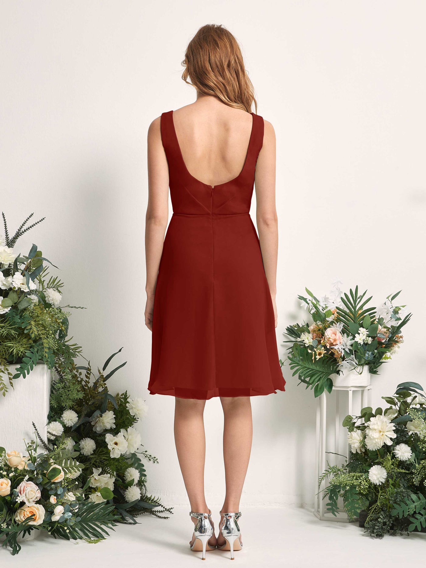 Bridesmaid Dress A-line Chiffon Straps Knee Length Sleeveless Wedding Party Dress - Rust (81226619)#color_rust