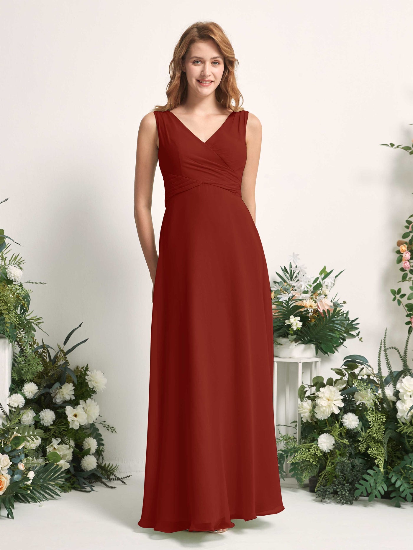 Bridesmaid Dress A-line Chiffon Straps Full Length Sleeveless Wedding Party Dress - Rust (81227319)#color_rust