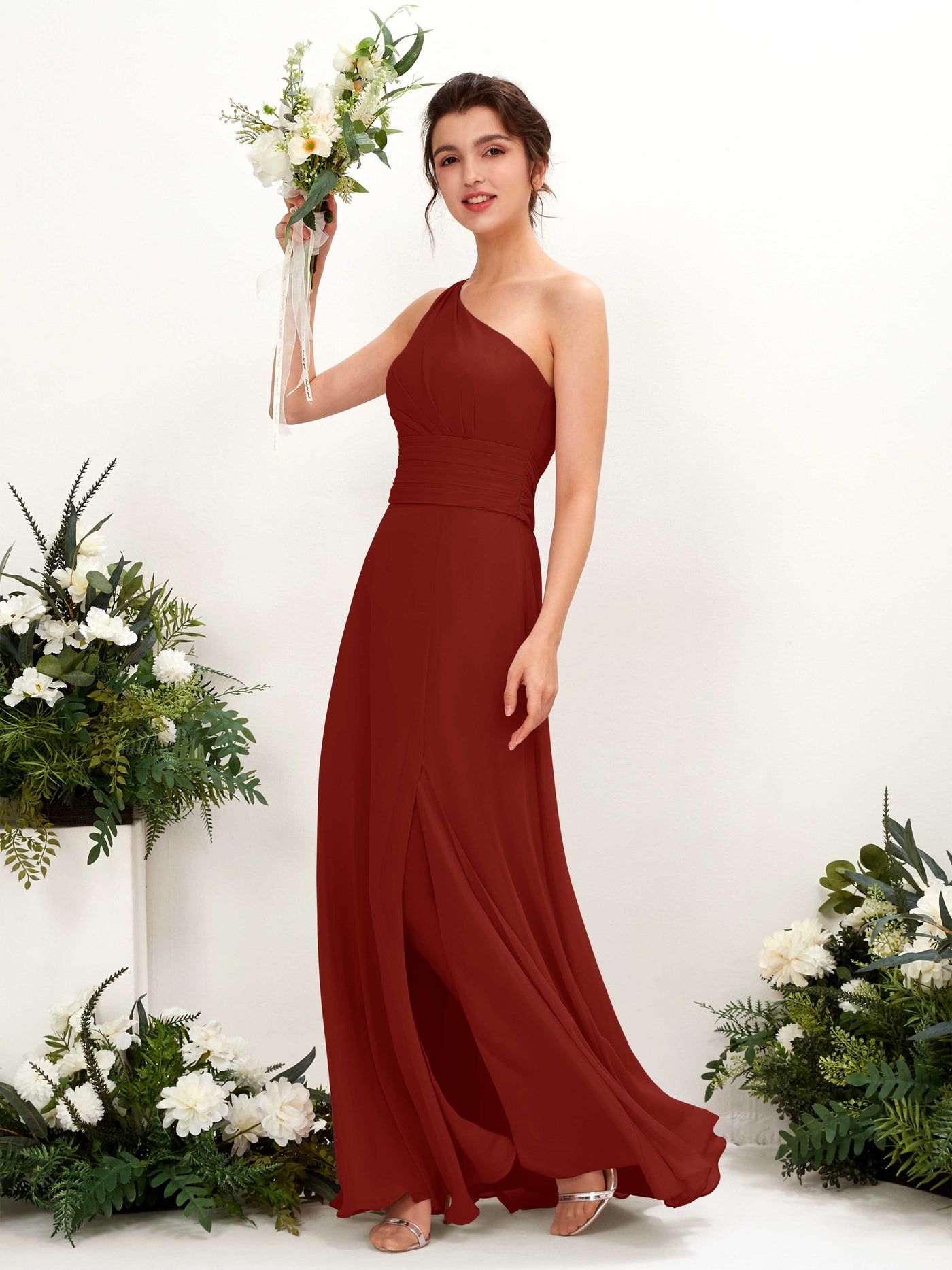 Rust Bridesmaid Dresses Bridesmaid Dress A-line Chiffon One Shoulder Full Length Sleeveless Wedding Party Dress (81224719)#color_rust